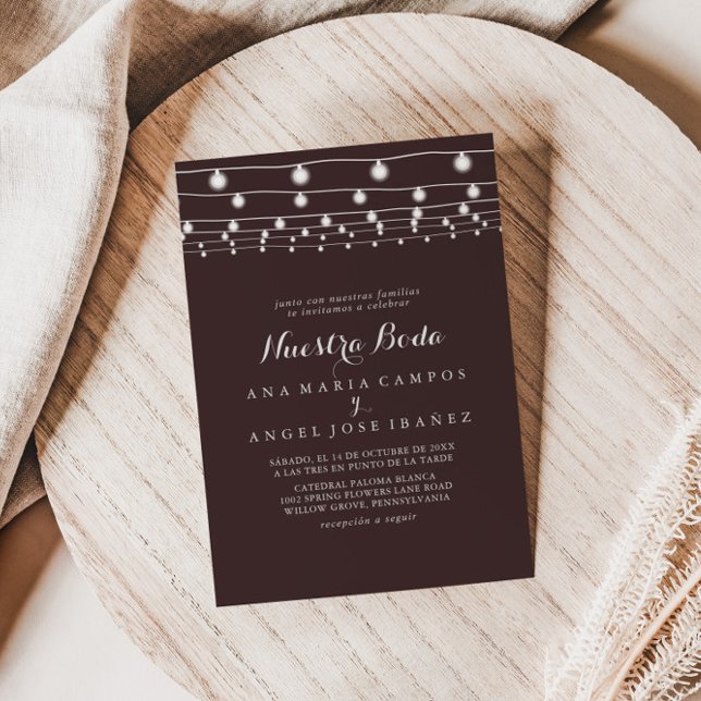 Modern String Lights Nuestra Boda Wedding Invitation (Creator Uploaded)