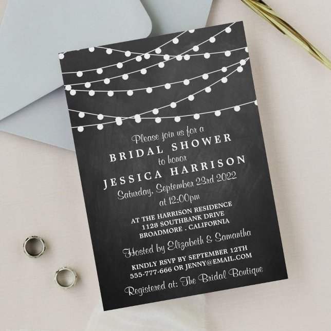 Modern String Lights On Chalkboard Bridal Shower Invitation (Creator Uploaded)