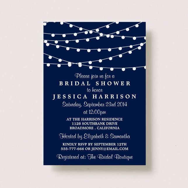 Modern String Lights On Navy Blue Bridal Shower Invitation (Creator Uploaded)