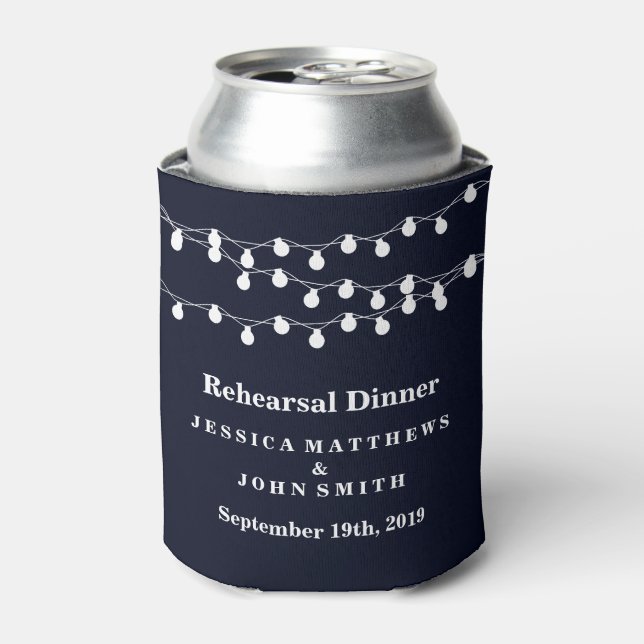 Modern String Lights On Navy Blue Wedding Can Cooler (Can Front)