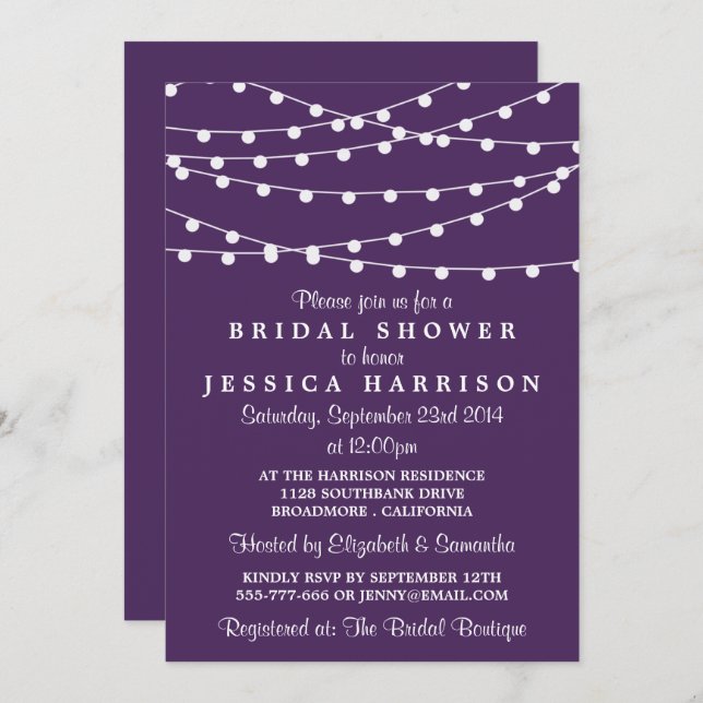 Modern String Lights On Purple Bridal Shower Invitation (Front/Back)