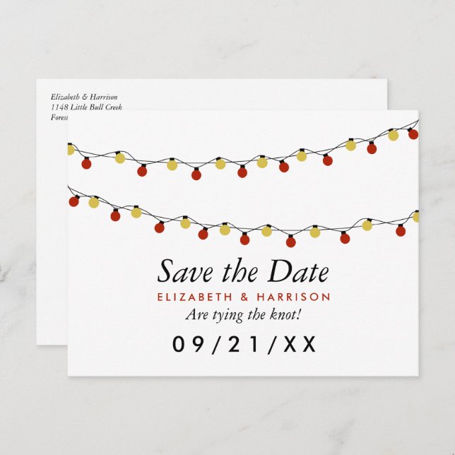 Modern String Lights, Red & Gold Save the Date Announcement Postcard (Front/Back)