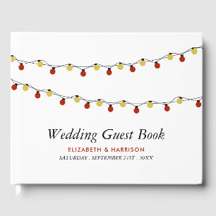 Modern String Lights, Red & Gold Wedding Guest Book