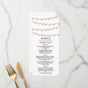 Modern String Lights, Red & Gold Wedding Menu