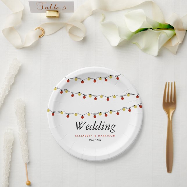 Modern String Lights, Red & Gold Wedding Paper Plate (Wedding)