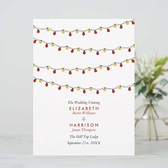 Modern String Lights, Red & Gold Wedding Programme (Standing Front)