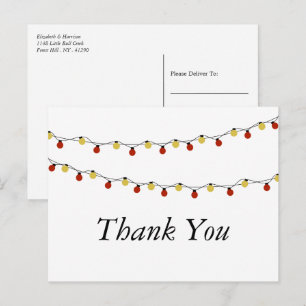 Modern String Lights, Red & Gold Wedding Thank You Postcard
