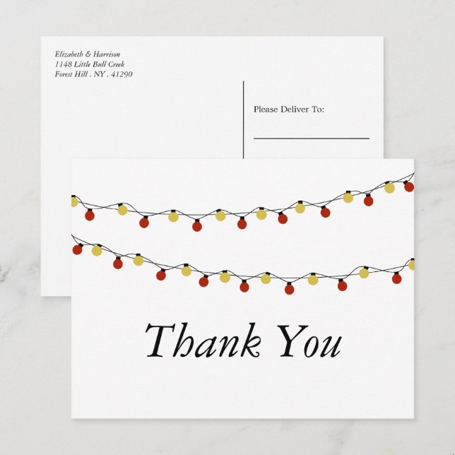 Modern String Lights, Red & Gold Wedding Thank You Postcard (Front/Back)