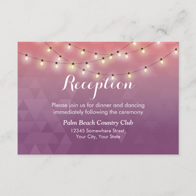 Modern String Lights Tropical Wedding Reception Enclosure Card (Front)