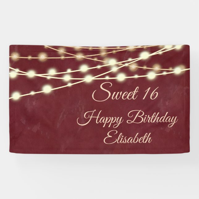 Modern string lights watercolor sweet 16 party banner (Horizontal)