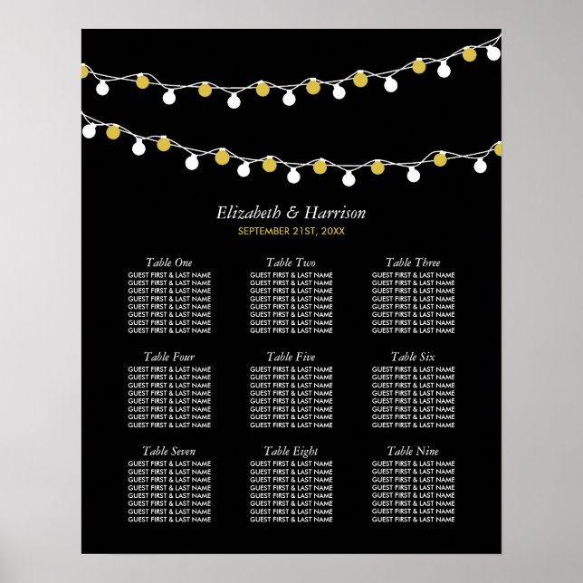 Modern String Lights, White & Gold Seating Chart (Front)