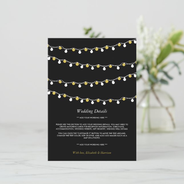 Modern String Lights, White & Gold Wedding Detail Enclosure Card (Standing Front)
