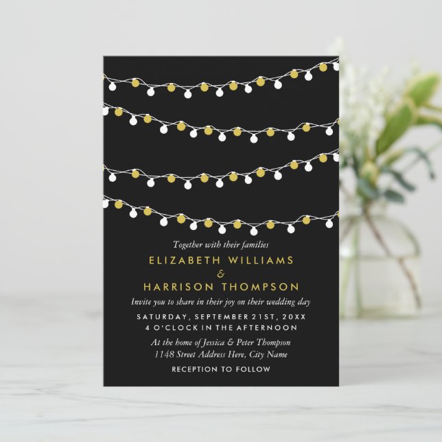 Modern String Lights, White & Gold Wedding Invitation (Standing Front)