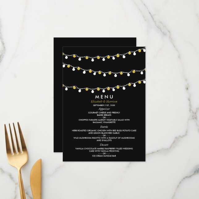 Modern String Lights, White & Gold Wedding Menu (Front/Back In Situ)