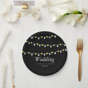 Modern String Lights, White & Gold Wedding Paper Plate