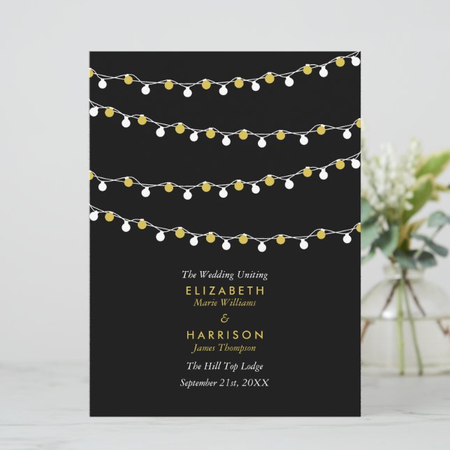 Modern String Lights, White & Gold Wedding Programme (Standing Front)