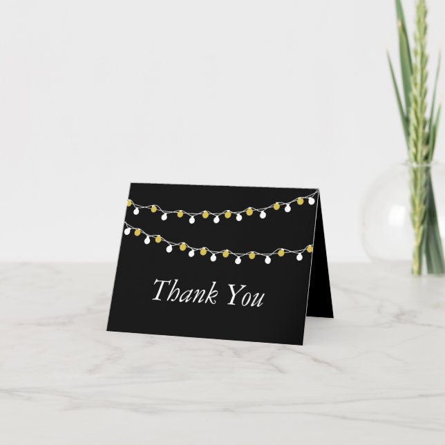 Modern String Lights, White & Gold Wedding Thank You Card (Front)