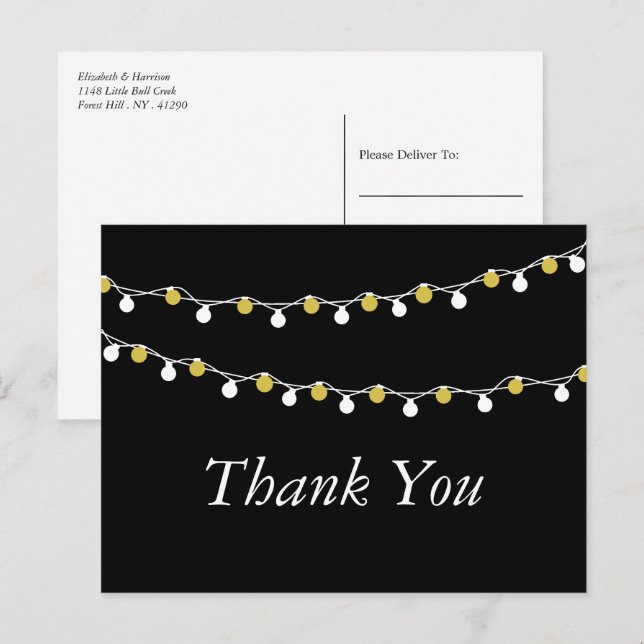 Modern String Lights, White/Gold Wedding Thank You Postcard (Front/Back)