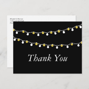 Modern String Lights, White/Gold Wedding Thank You Postcard