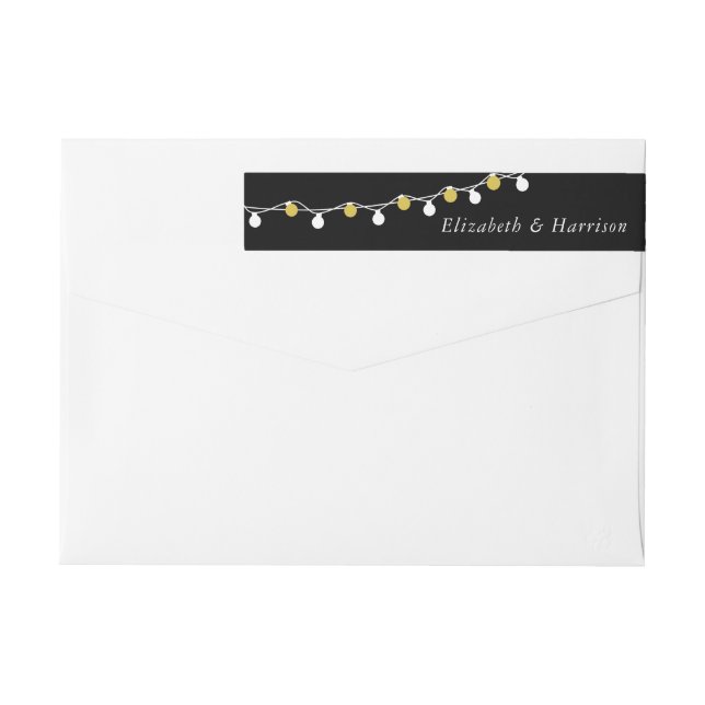 Modern String Lights, White & Gold Wedding Wrap Around Label (Back)