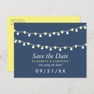 Modern String Lights, Yellow & White Save the Date Announcement Postcard