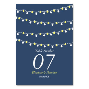 Modern String Lights, Yellow & White Wedding Table Number