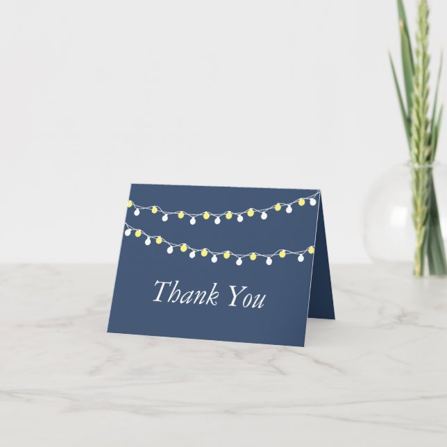 Modern String Lights, Yellow & White Wedding Thank You Card (Front)