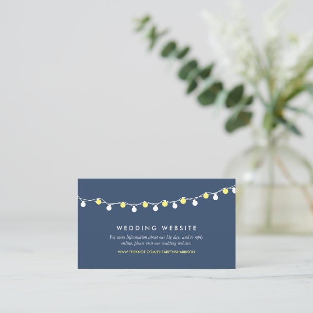 Modern String Lights, Yellow/White Wedding Website Enclosure Card (Standing Front)