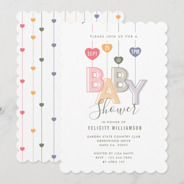 Modern String Pink Baby Letters Hearts Baby Shower Invitation (Front/Back)