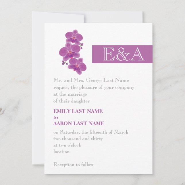 Modern stripe and radiant orchid purple wedding invitation (Front)