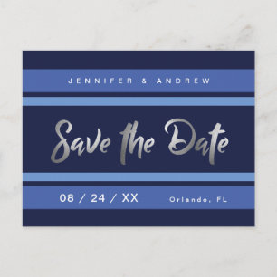 Modern stripe blue silver effect Save the Date Postcard