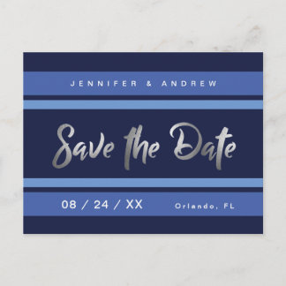 Modern stripe blue silver effect Save the Date Postcard