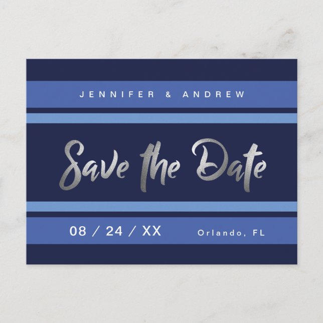 Modern stripe blue silver effect Save the Date Postcard (Front)