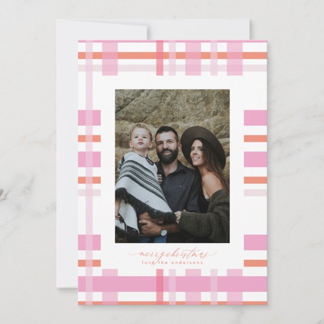 Modern Stripe Christmas Colourful Plaid Photo Holiday Card (Front)