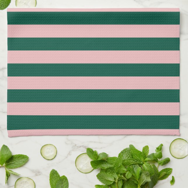 Modern Stripe Holiday Green & Pink Tea Towel (Folded)
