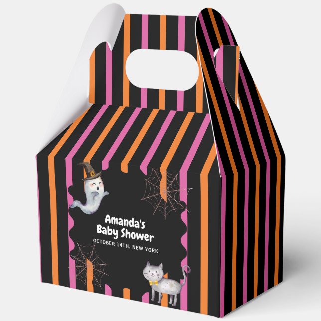 Modern Stripe Little Boo Ghost Cat Baby Shower  Favour Box (Front)