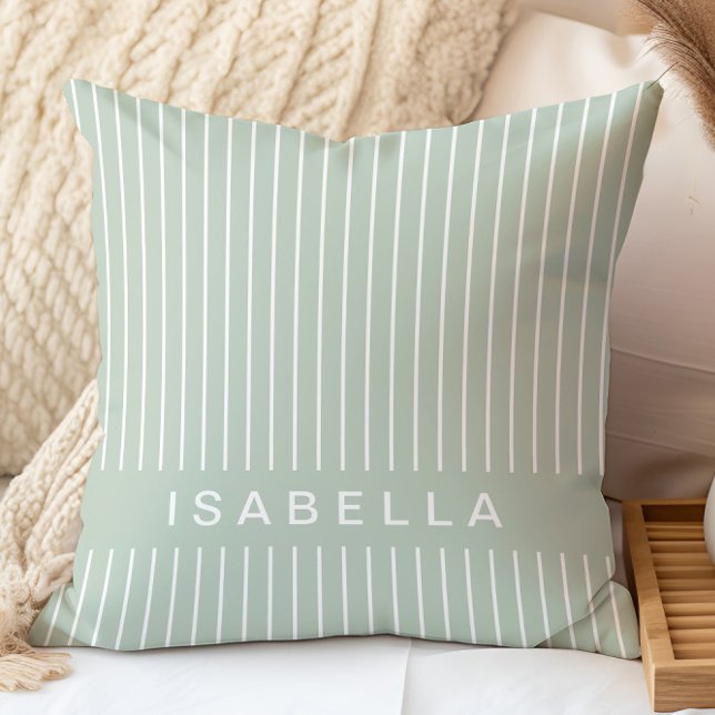 Modern Stripe Minimal Sage Green Personalised Name Cushion (Creator Uploaded)