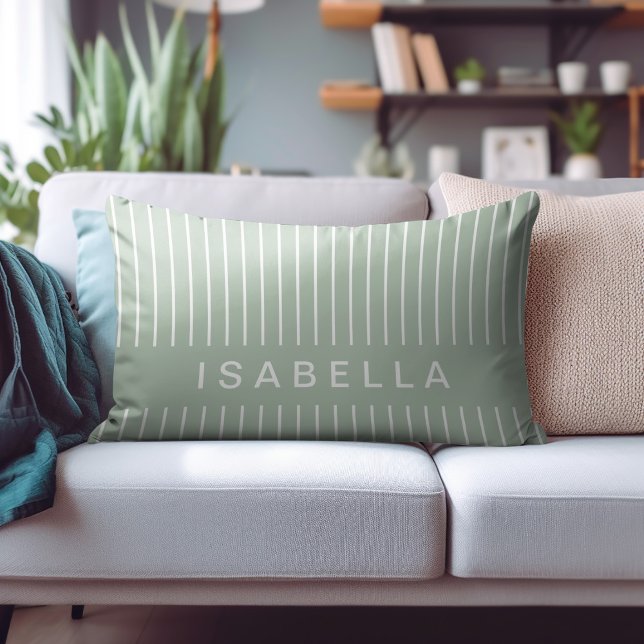 Modern Stripe Minimal Sage Green Personalised Name Decorative Cushion (Creator Uploaded)