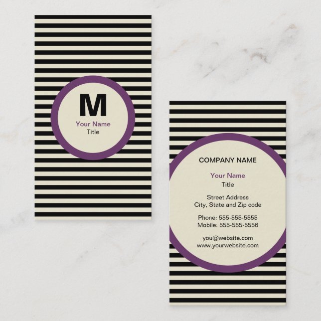Modern Stripe Monogram Business Card - Black/Cream (Front/Back)