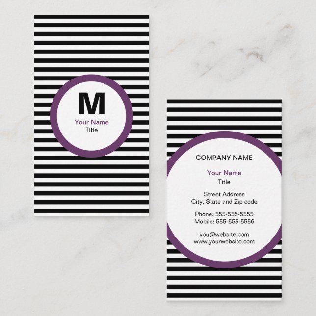 Modern Stripe Monogram Business Card - Black/White (Front/Back)