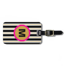 Modern Stripe Monogram Luggage Tag - Black/Gold