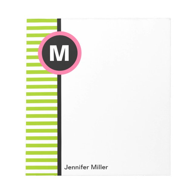 Modern Stripe Monogram Memo Note Pad - Green/White (Front)