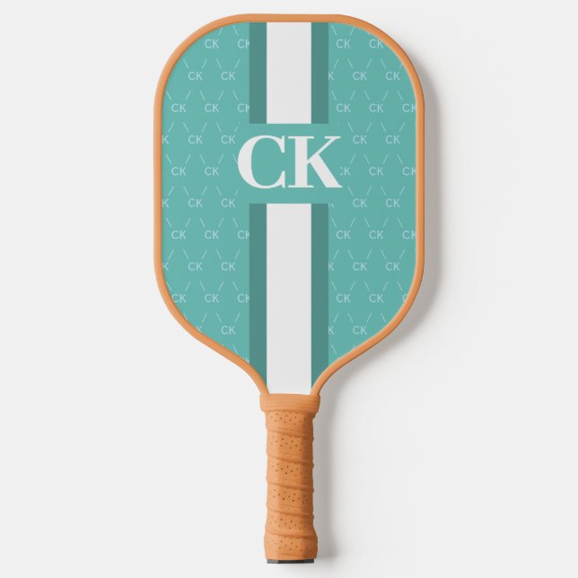 Modern Stripe Monogram w/ Designer Pattern Blue Pickleball Paddle (Front)