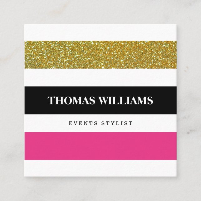 Modern Stripe Pattern colourful gold glitter Square Business Card (Front)