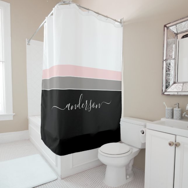 Modern Stripe Personalise Black Pink Shower Curtain (In Situ)