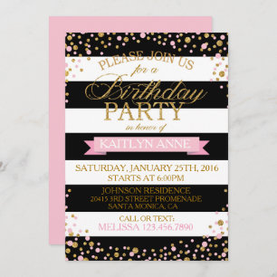Modern Stripe Pink and Gold Glitter Dots Birthday Invitation