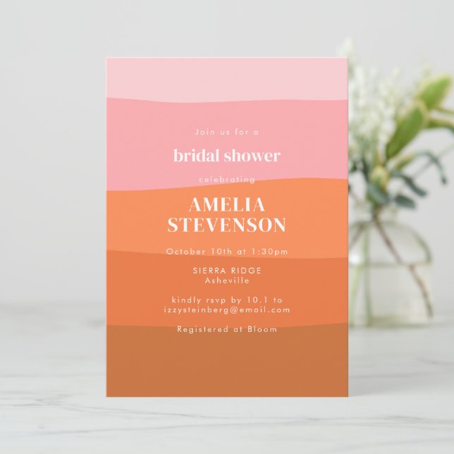 Modern Stripe Pink Orange Terracotta Bridal Shower Invitation (Standing Front)