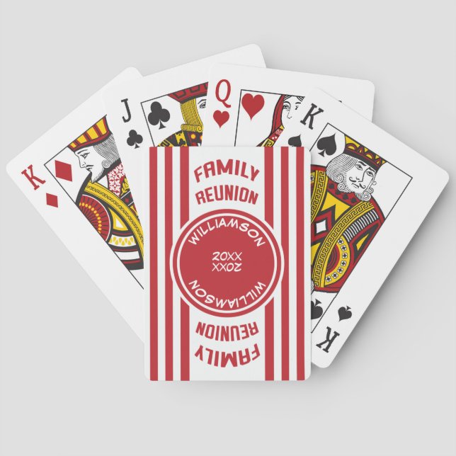 Modern Stripe Red Family Reunion Monogram Playing Cards (Back)