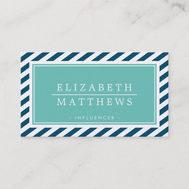 MODERN STRIPE stylish border navy jade white Business Card (Front)