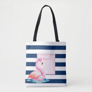 Modern Striped,Adorable Flamingos Tote Bag